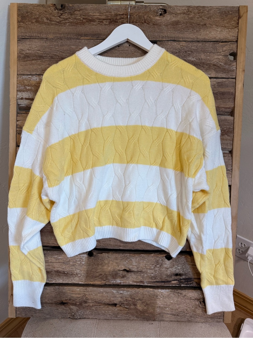 No Boundaries Yellow & White Striped Cable Knit Crew Sweater